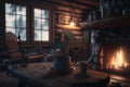 A cozy and inviting cabin in the woods, with a roaring fire and a hot cup of cocoa waiting inside. AI generated Royalty Free Stock Photo