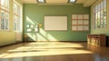 : Cozy and Inviting Elementary Classroom with Green Walls and Ample Natural Light Royalty Free Stock Photo