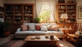 A cozy and inviting family room with book shelf on both sides of a window