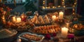 Festive holiday table setting with warm candlelight and delicious food. a cozy celebration atmosphere captured in a Royalty Free Stock Photo
