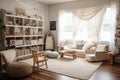 cozy and inviting home with cozy furniture, natural light, and children's books for a homeschooling classroom