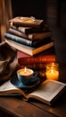 A stack of books on a wooden table with a cup of coffee and a candle, representing reading and relaxation