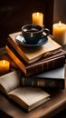 A stack of books on a wooden table with a cup of coffee and a candle, representing reading and relaxation