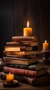 A stack of books on a wooden table with a cup of coffee and a candle, representing reading and relaxation