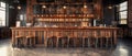 A cozy and inviting interior of a rustic-style bar, featuring a long wooden bar counter, vintage-inspired lighting Royalty Free Stock Photo