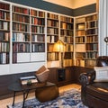 A cozy and inviting reading nook with a comfortable armchair, a floor lamp, and a bookshelf filled with a variety of genres and