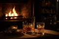 A cozy, inviting whiskey scene, featuring a tumbler of fine whiskey on the rocks, a decanter, and a cigar, set against the warm Royalty Free Stock Photo