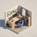 Cozy isometric home office setup with desk chair computer and bookshelf Royalty Free Stock Photo