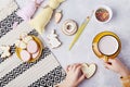 Cozy kid snack time. Tradition cookies decoration by kid flat lay