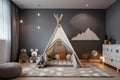 Cozy kids room interior with grey plush carpet, toys and small tent. Generative AI Royalty Free Stock Photo