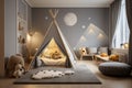 Cozy kids room interior with grey plush carpet, toys and small tent. Generative AI Royalty Free Stock Photo