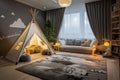 Cozy kids room interior with grey plush carpet, toys and small tent. Generative AI Royalty Free Stock Photo