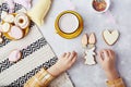 Cozy kids snack time. Tradition Easter cookies. Children delightful Easter happiness flat lay