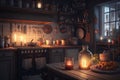 cozy kitchen with candles, warm light and cozy atmosphere at night