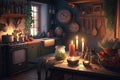 cozy kitchen with candles, warm light and cozy atmosphere at night