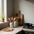 Neutral colored walls and wooden countertops create a simple Royalty Free Stock Photo