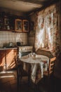 Cozy Kitchen Corner With Round Table And Floral Curtains Illuminated By Warm Sunlight Royalty Free Stock Photo