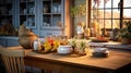 Cozy kitchen with a farm table, glass jars and decorative elements