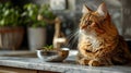 In a cozy kitchen filled with warmth and love, a simple yet stylish bowl of premium cat food sits on a rustic wooden table. A