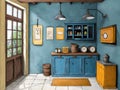 Cozy kitchen interior with blue cabinets Royalty Free Stock Photo