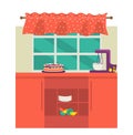 Cozy kitchen interior with cake on countertop and mixer. Home baking and cooking comfort, domestic scene vector