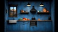 Cozy kitchen interior with colorful fruits and mountain view rustic blue walls Royalty Free Stock Photo