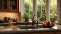 Cozy Kitchen Interior with Natural Light and Fresh Fruit on Granite Countertop Royalty Free Stock Photo