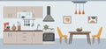 Cozy kitchen interior with furniture, stove, extractor hood. Decor for the kitchen. Vector in flat style. Royalty Free Stock Photo