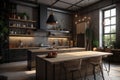 Cozy kitchen interior in modern house. Gray walls and wooden furniture Royalty Free Stock Photo