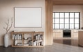 Cozy kitchen interior with shelf and cooking space near window. Mockup frame Royalty Free Stock Photo