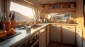 cozy kitchen interior in the trailer of mobile home or recreational vehicle. Generative Ai Royalty Free Stock Photo