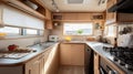 cozy kitchen interior in the trailer of mobile home or recreational vehicle. Generative Ai Royalty Free Stock Photo