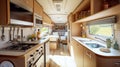 cozy kitchen interior in the trailer of mobile home or recreational vehicle. Generative Ai Royalty Free Stock Photo