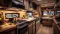 cozy kitchen interior in the trailer of mobile home or recreational vehicle. Generative Ai Royalty Free Stock Photo