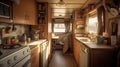 cozy kitchen interior in the trailer of mobile home or recreational vehicle. Generative Ai Royalty Free Stock Photo