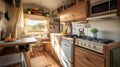 cozy kitchen interior in the trailer of mobile home or recreational vehicle. Generative Ai Royalty Free Stock Photo