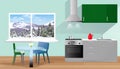 Cozy kitchen interior with winter mountain view from window Royalty Free Stock Photo