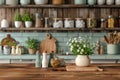 Cozy Kitchen Interior with Wooden Utensils, Fresh Daisy Flowers in Vase, and Spice Jars on Shelves