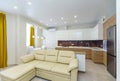 Cozy kitchen-living room with a new renovation. White leather sofa in the center. Royalty Free Stock Photo