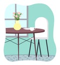 Cozy kitchen, round table, vase, dishes, white chair, picture in smooth frame. Piece of interior