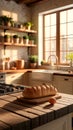 Rustic Wooden Kitchen Countertop with Fresh Bread and Egg in a Cozy Sunlit Home Royalty Free Stock Photo