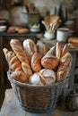 A cozy kitchen scene featuring a rustic basket filled with various types of freshly baked breads, Royalty Free Stock Photo