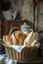 A cozy kitchen scene featuring a rustic basket filled with various types of freshly baked breads, Royalty Free Stock Photo