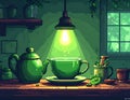 Cozy Kitchen Scene with Teapot and Cup Under Green Light Royalty Free Stock Photo