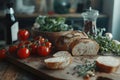 In a cozy kitchen setting, a rustic wooden table is adorned with a neat arrangement of fresh vegetables, herbs, and bread Royalty Free Stock Photo