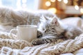 Cozy Kitten Slumbering Peacefully Beside Warm Coffee Mug