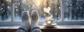 Cozy knitted socks with a steaming cup of hot cocoa by a snowy window, embodying warmth. A heart-warming winter scene