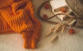 Cozy knitted warm orange sweater with old books and vintage straw bag on white warm plaid with pumpkin, physalis, books reading