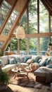 Cozy lakefront living room with large windows and natural wood elements during sunny afternoon Royalty Free Stock Photo