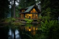 Cozy lakeside cabin surrounded by lush forest. Generative AI